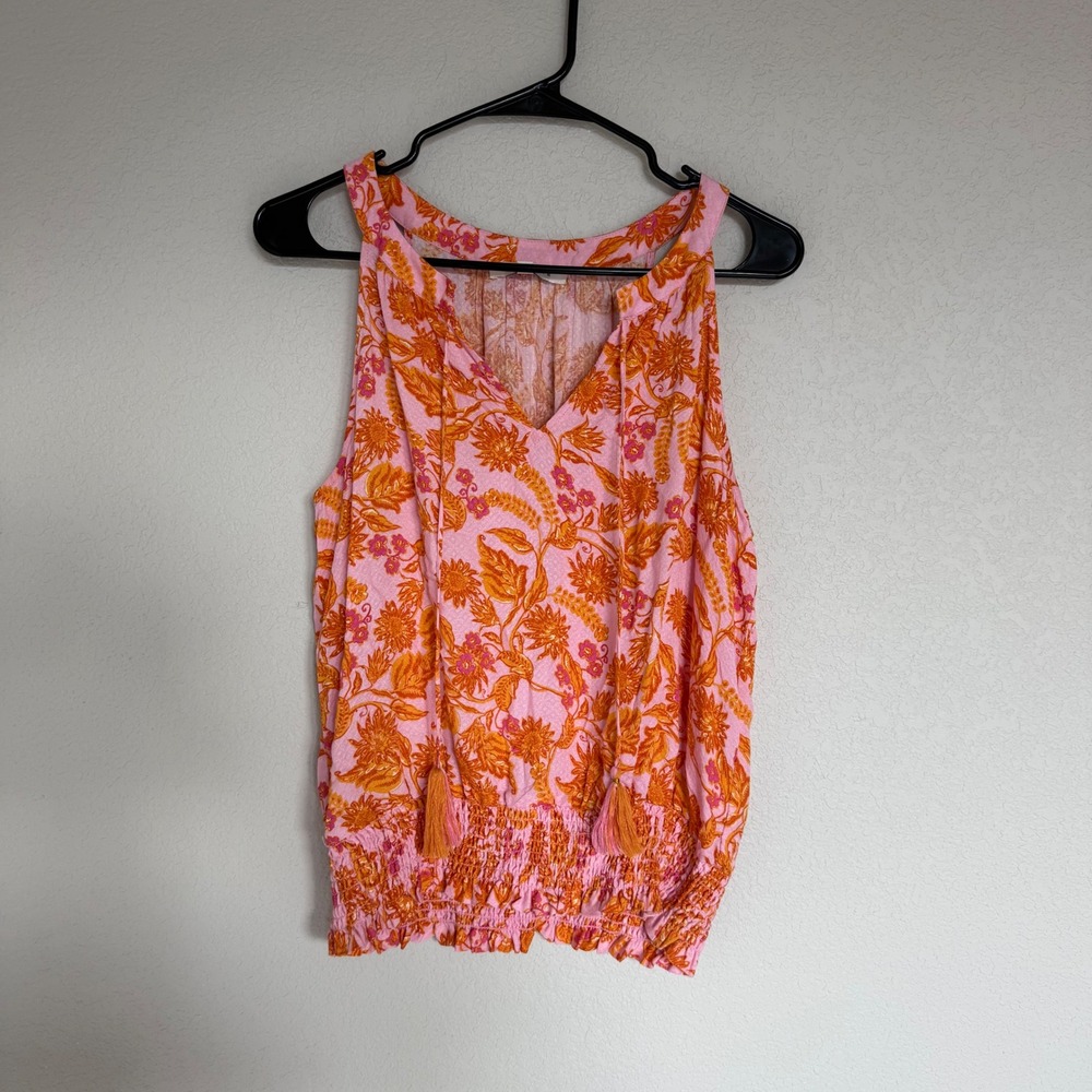 Rose + Olive Pink Orange Floral Tassel Smocked Hem Sleeveless Blouse Medium